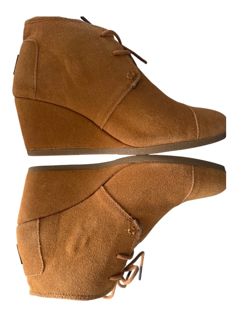 TOMS Desert Wedge Booties Tan Camel Suede Lace Up Heel 7W